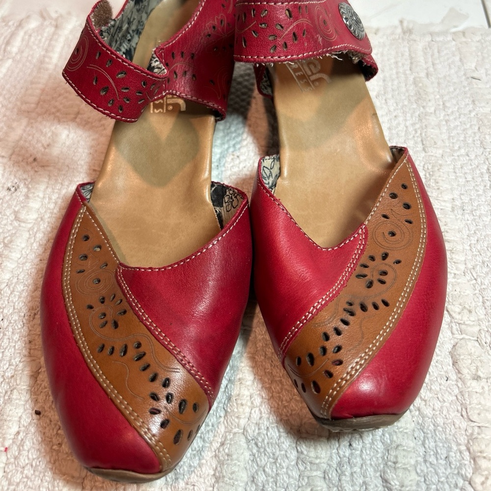 Rieker Shoes Womens 39 Mary Jane Cut Out Red  Brown Leather Antistress Low Heels